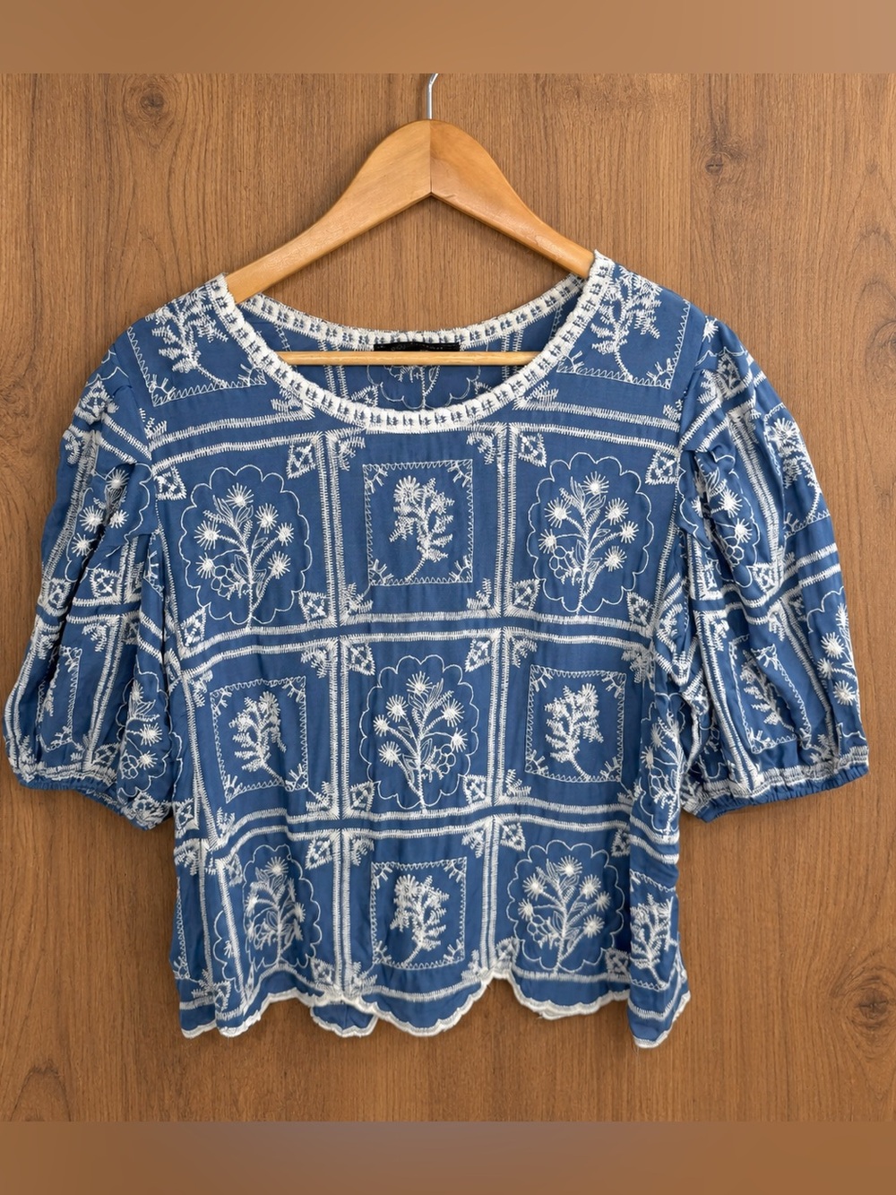 Solitaire Anthropologie Embroidered Floral  Patchwork Puff Sleeves Blouse